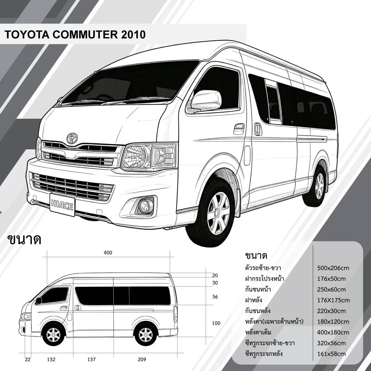 แบบอ้างอิงขนาดรถ Toyota Commuter 2010 สำหรับคำนวณงานพิมพ์สติ๊กเกอร์ติดรถ