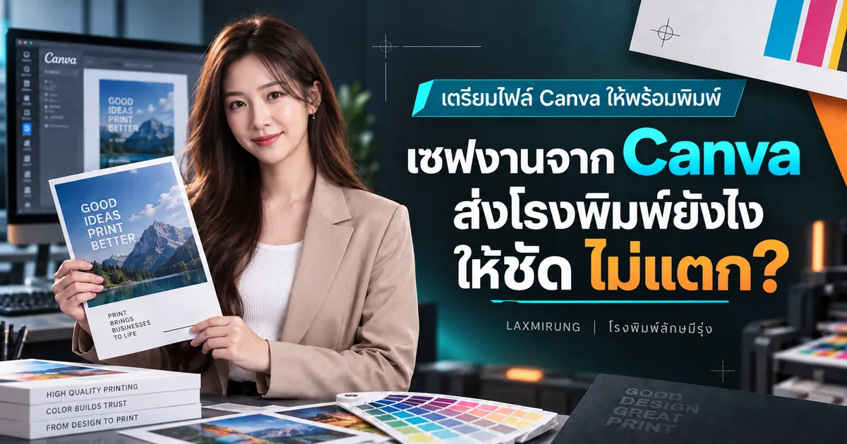 ปกบทความเซฟงานจาก Canva ส่งโรงพิมพ์ยังไงให้ชัด ไม่แตก ผู้หญิงถือโปสเตอร์ที่พิมพ์จากไฟล์ Canva หน้าจอโปรแกรม Canva