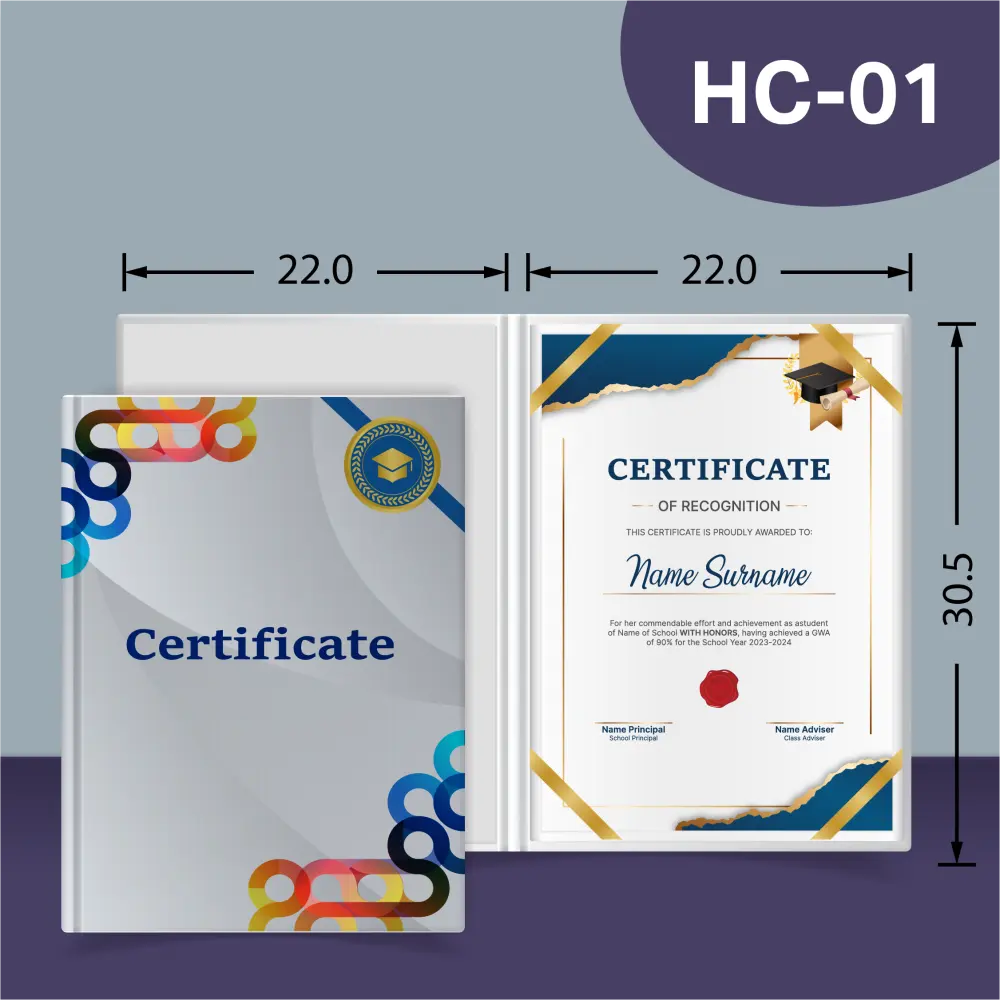 ปกแฟ้มใส่เกียรติบัตรแบบ HC-01 พิมพ์ระบบดิจิตอล สำหรับใบประกาศนียบัตรองค์กรและสถาบันอบรม โดยโรงพิมพ์ลักษมีรุ่ง