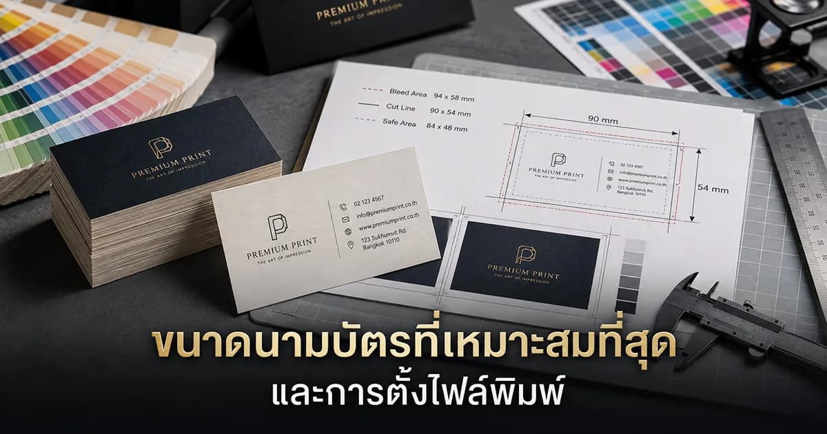 นามบัตรพร้อมเส้นระยะตัดตกและพื้นที่ปลอดภัยสำหรับพิมพ์