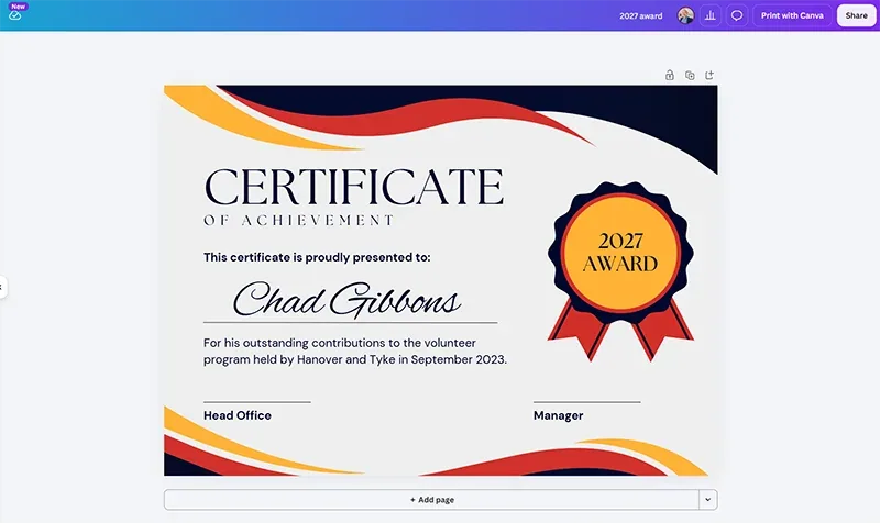 ปุ่ม Share ด้านขวาบนของ Canva สำหรับเริ่มขั้นตอนดาวน์โหลดไฟล์งานพิมพ์