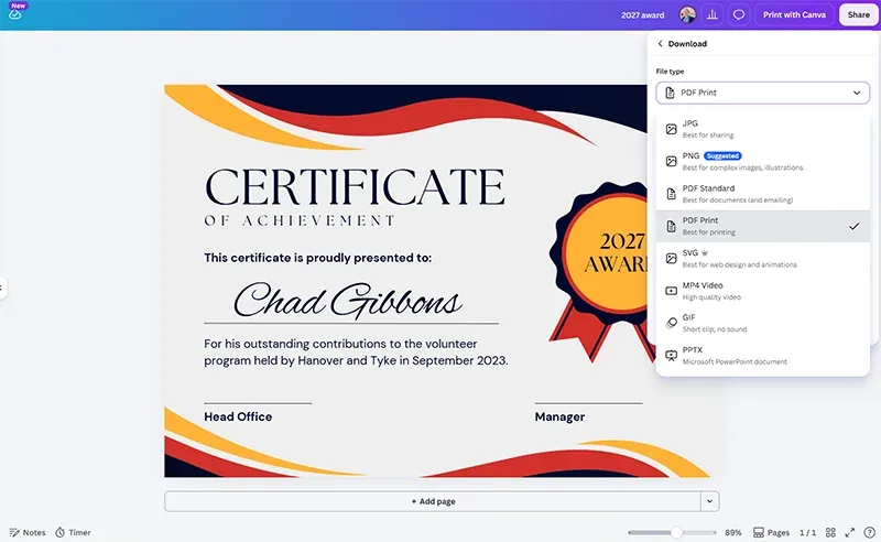การเลือก File Type เป็น PDF Print ใน Canva เพื่อเตรียมไฟล์สำหรับงานพิมพ์