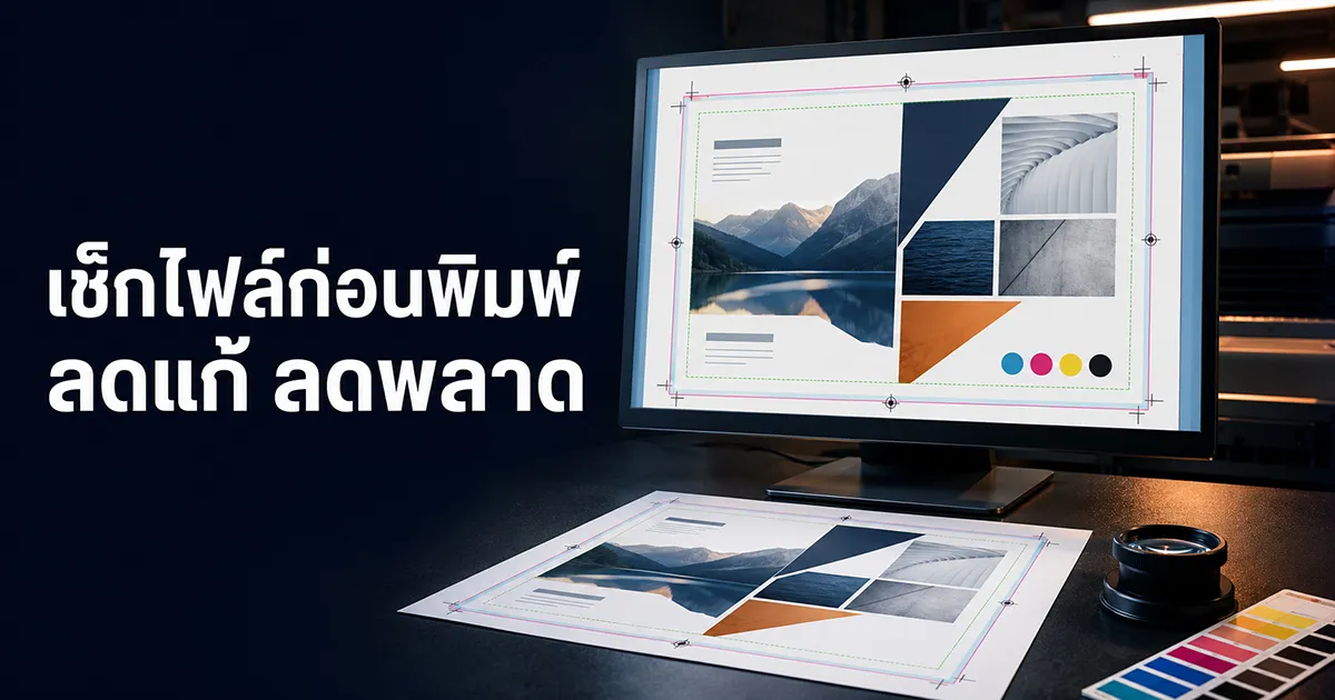 หน้าปกบทความเช็กไฟล์ก่อนพิมพ์ จอคอมพิวเตอร์แสดงอาร์ตเวิร์กพร้อมเส้นตัดตกและแถบสี CMYK เทียบกับงานพิมพ์จริง