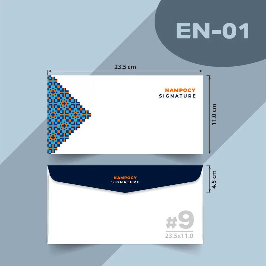 แบบซองโปรโมชั่น EN-01 ซองเบอร์ 9 ฝาสามเหลี่ยม ขนาด 23.5 × 11 ซ.ม. ปากซอง 4.5 ซ.ม.