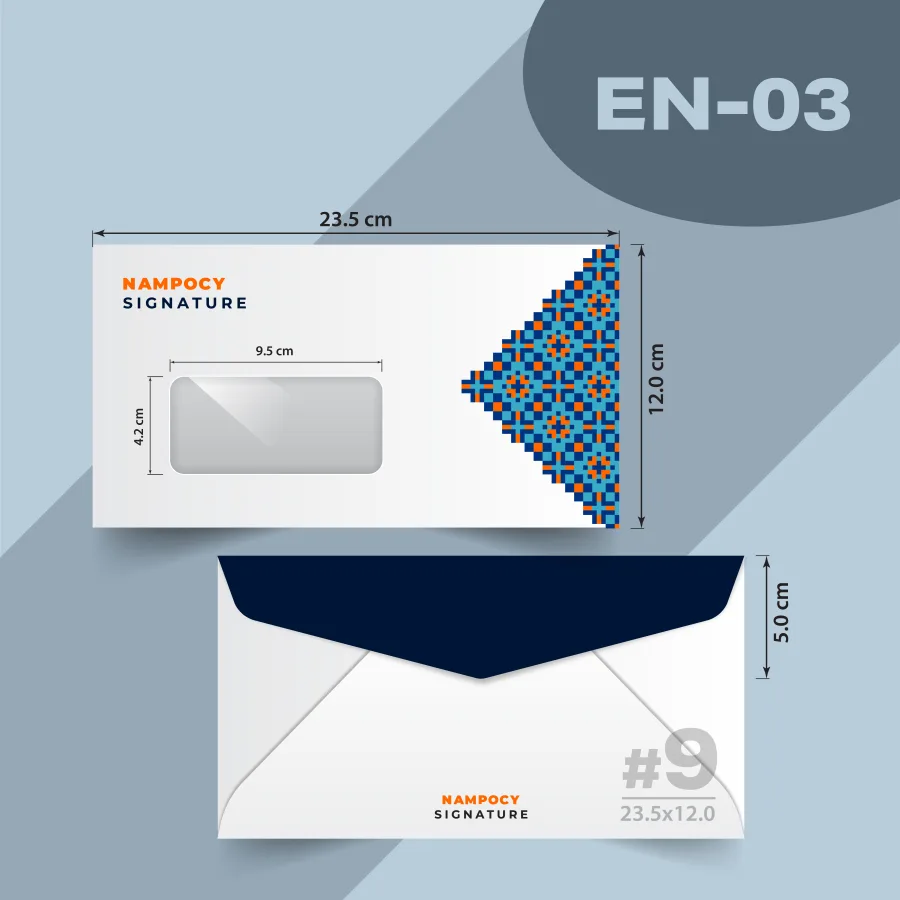 แบบซองโปรโมชั่น EN-03 ซองเบอร์ 9 มีช่องหน้าต่าง 9.5 × 4.2 ซ.ม. ขนาดซอง 23.5 × 12 ซ.ม.