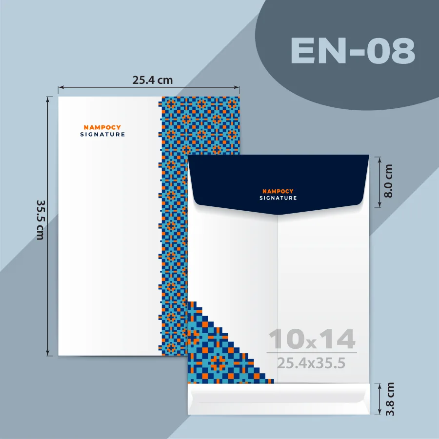 แบบซองโปรโมชั่น EN-08 ซองเอกสารขยายข้าง 10 × 14 นิ้ว ขนาด 25.4 × 35.5 ซ.ม. ปากซอง 8 ซ.ม. ก้นซองพับ 3.8 ซ.ม.