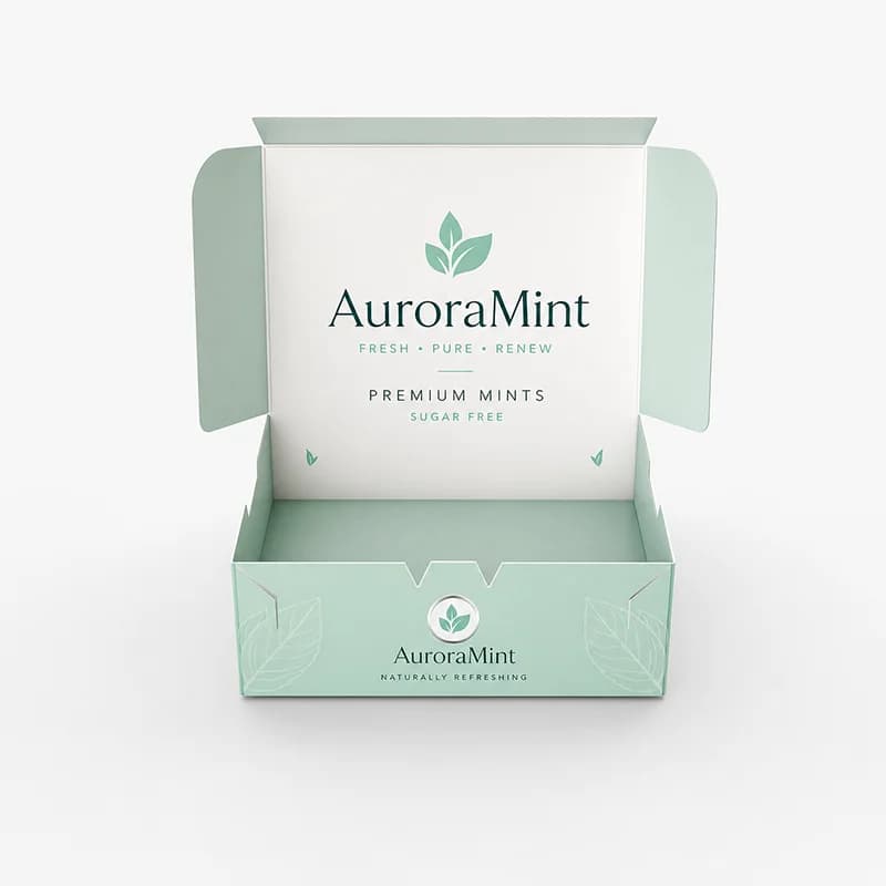 ตัวอย่างกล่องฝาเปิดด้านบนสำหรับสินค้าแบรนด์ AuroraMint