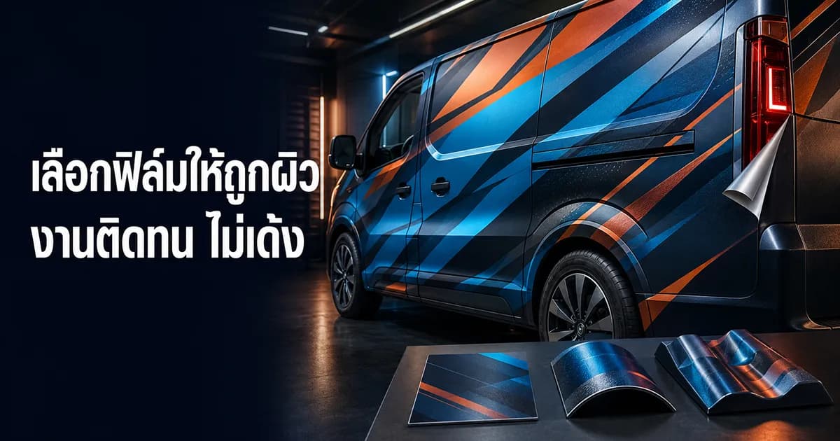 หน้าปกบทความเลือกฟิล์มสติ๊กเกอร์ติดรถให้ถูกผิว รถตู้หุ้มลายกราฟิกน้ำเงินส้มพร้อมตัวอย่างฟิล์มบนผิวเรียบและผิวโค้ง
