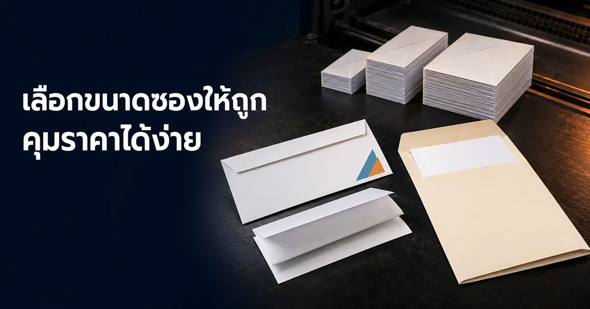 หน้าปกบทความเลือกขนาดซองจดหมายให้ถูก ซองขาวพิมพ์โลโก้และซองเอกสารสีน้ำตาลหลายขนาดเรียงบนแท่นพิมพ์
