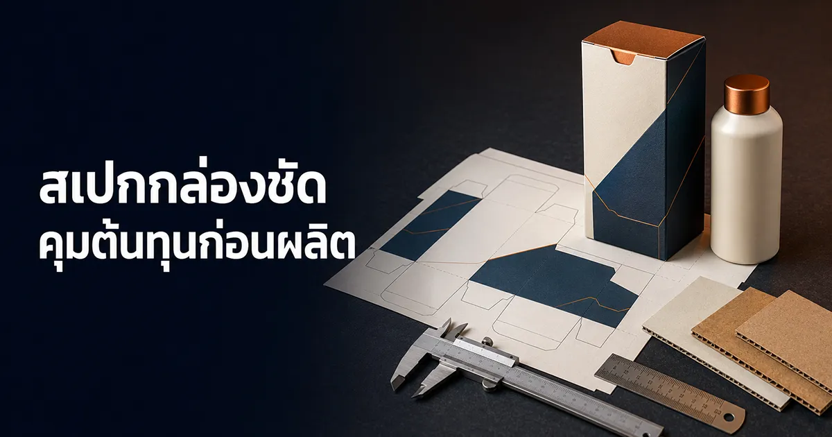 หน้าปกบทความสเปกกล่องบรรจุภัณฑ์ กล่องตัวอย่างพร้อมแบบไดคัท เวอร์เนียร์ และกระดาษลูกฟูกสำหรับวัดสเปกก่อนผลิต