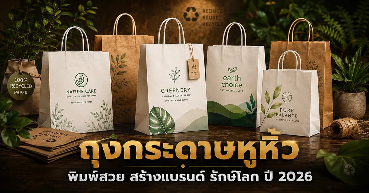 ถุงกระดาษหูหิ้วสีน้ำตาลวางเรียงพร้อมโลโก้แบรนด์