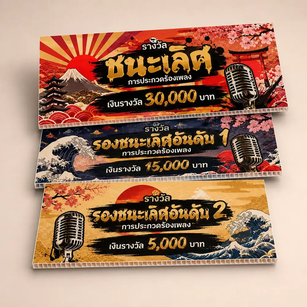 ตัวอย่างป้ายพีพีบอร์ดและป้ายบอร์ดพิมพ์สีสำหรับงานประชาสัมพันธ์