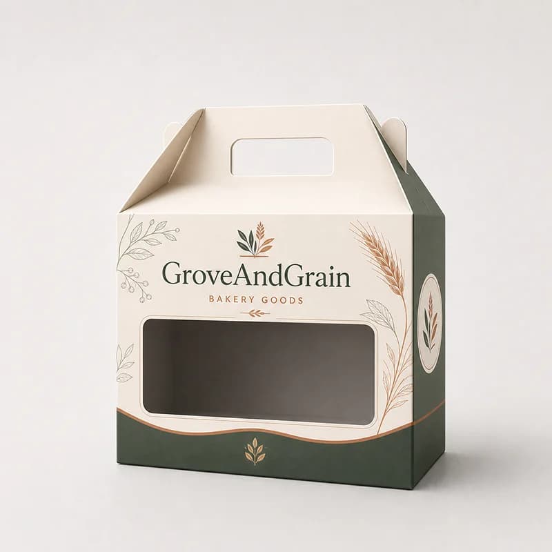 ตัวอย่างกล่องหน้าจั่วพร้อมช่องหน้าต่างแบรนด์ GroveAndGrain