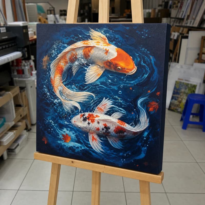 ตัวอย่างภาพพิมพ์กรอบลอยลายปลาคาร์ฟบนขาตั้งไม้