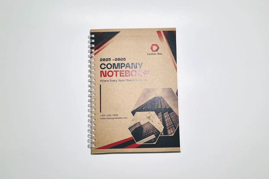ตัวอย่างสมุดโน้ตปกกระดาษคราฟท์รักษ์โลกเข้าเล่ม Wire-O สำหรับแบรนด์องค์กร