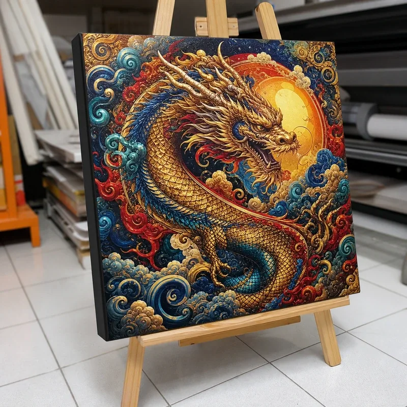 ตัวอย่างภาพพิมพ์กรอบลอยลายมังกรบนขาตั้งไม้