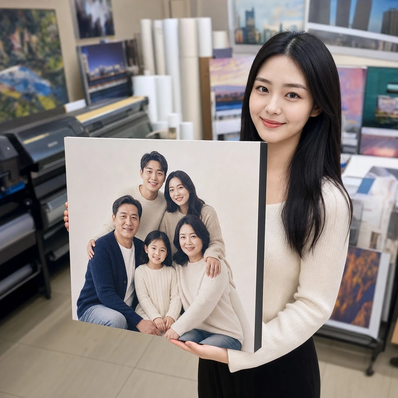 ตัวอย่างลูกค้าถือภาพพิมพ์กรอบลอยพร้อมรับงาน
